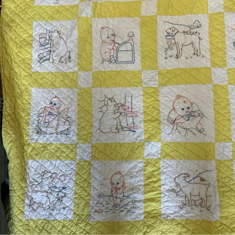 Vintage Handmade quilt Baby Blanket Embroidered Animals Yellow 64x78